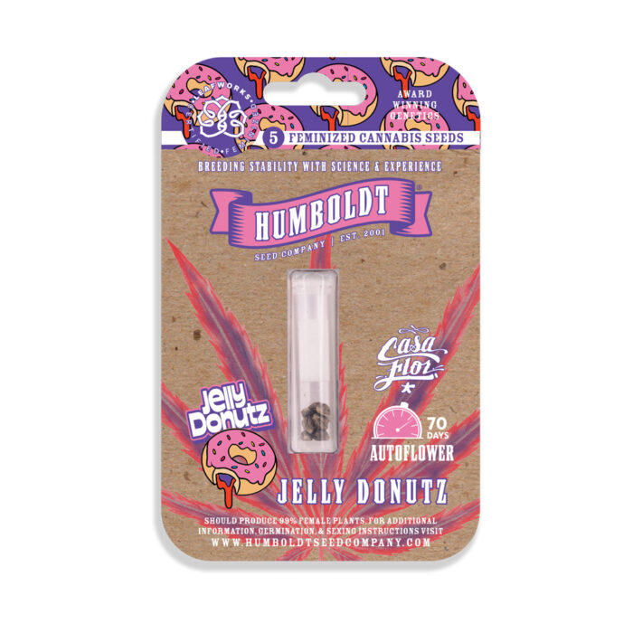 Humboldt Seed Company packaging for Jelly Donutz cannabis seeds on a white background