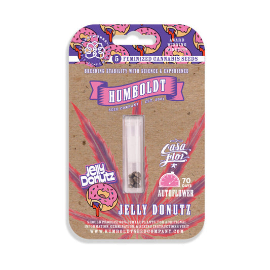 Humboldt Seed Company packaging for Jelly Donutz cannabis seeds on a white background