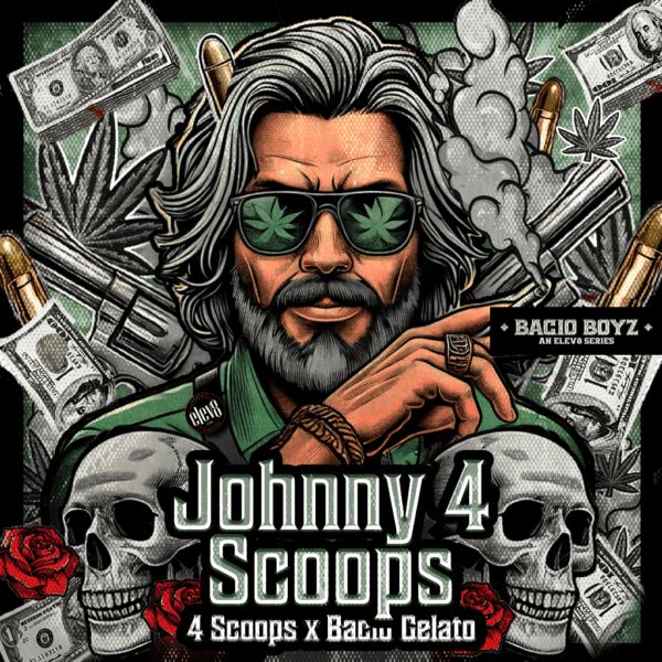 Illustration of a character with sunglasses, surrounded by money, roses, and skulls, with 'Johnny 4 Scoops' branding.