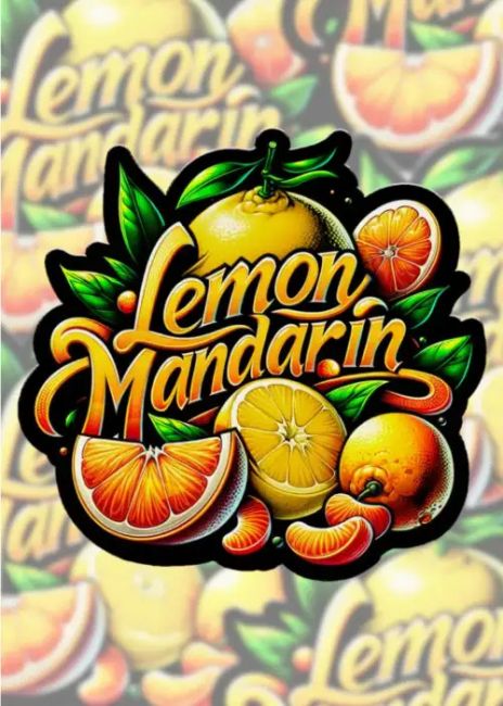 Decorative design with 'Lemon Mandarin' text and lemon and orange illustrations on a colorful background.