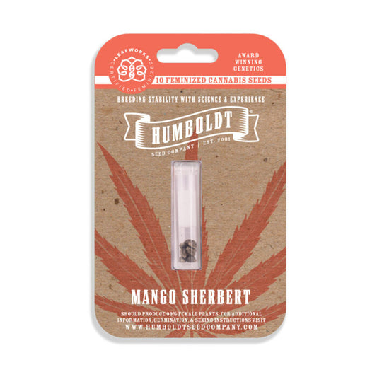 Humboldt Seed Company packaging for Mango Sherbert cannabis seeds on a white background