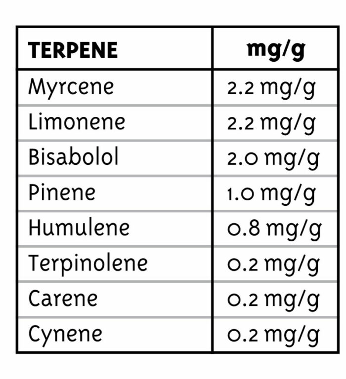 Table showing terpene concentrations in mg/g