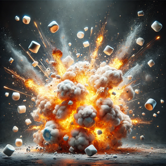 A dramatic digital illustration of a mushroom cloud explosion with flying marshmallows, sparks, and debris against a dark smoky background.