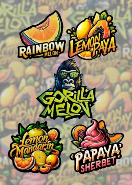 Collection of colorful fruit-themed product labels with brand names on a blurred background.