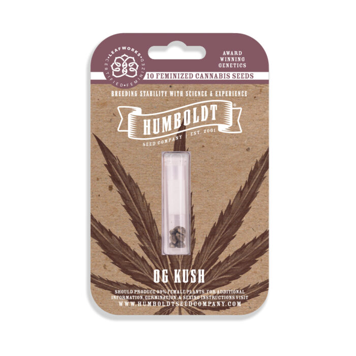 Humboldt Seed Company packaging with a cannabis seed and leaf design on a white background
