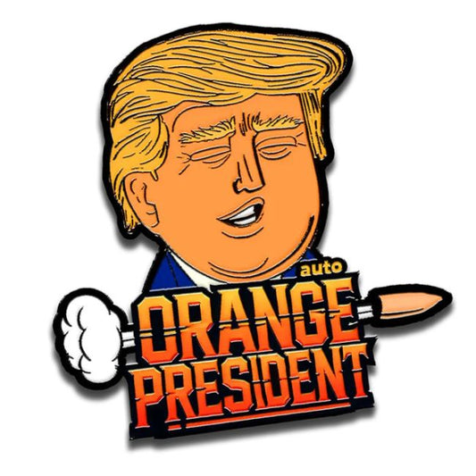 Cartoon-style depiction of a person holding a gun with 'auto Orange President' text on a white background