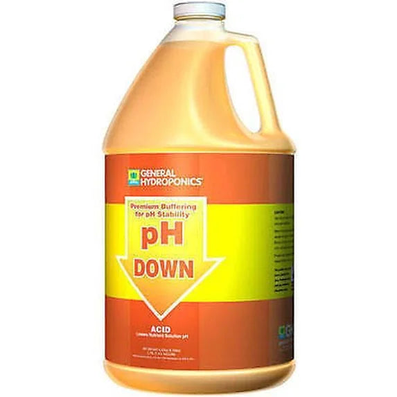 Bottle of General Hydroponics pH Down solution on a white background