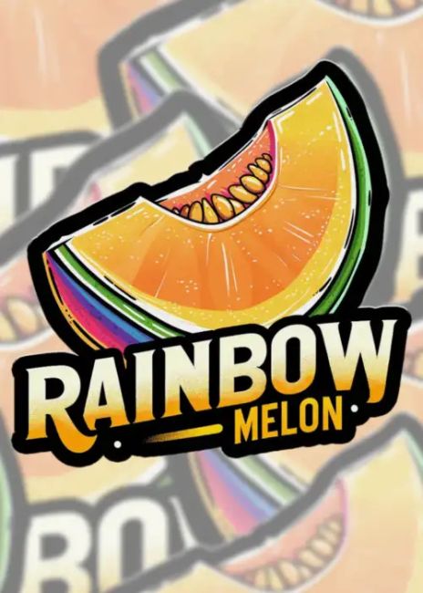 Sticker of a rainbow-colored watermelon with 'Rainbow Melon' text on a blurred background.