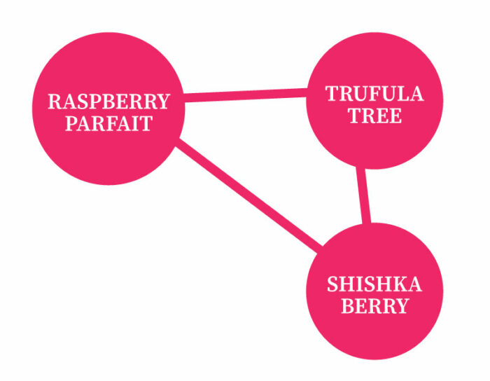 Diagram with three pink circles labeled 'Raspberry Parfait', 'Trufula Tree', and 'Shishka Berry' connected by lines.