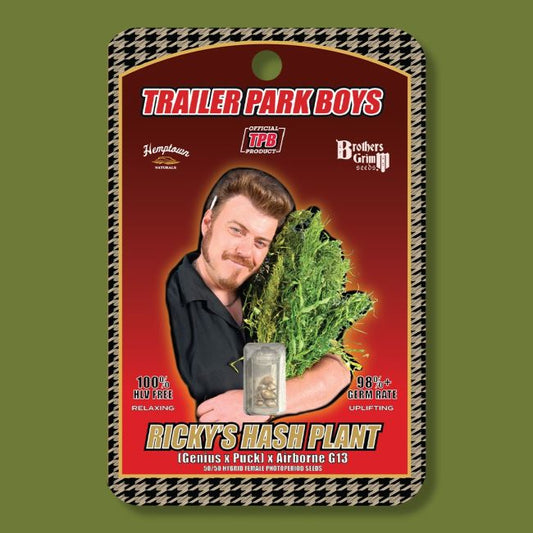 Product packaging for 'Ricky's Hash Plant' from 'Trailer Park Boys' with a person holding a plant on a red background.
