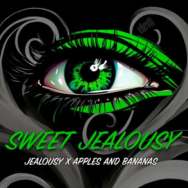 Album cover with a stylized eye and text 'Sweet Jealousy' by Jealousy x Apples and Bananas.