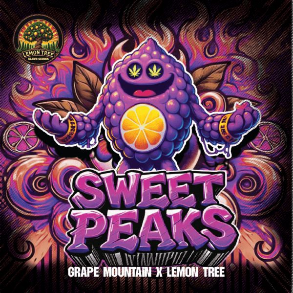 Colorful product packaging with a cartoon character and 'Sweet Peaks' text on a dark background.