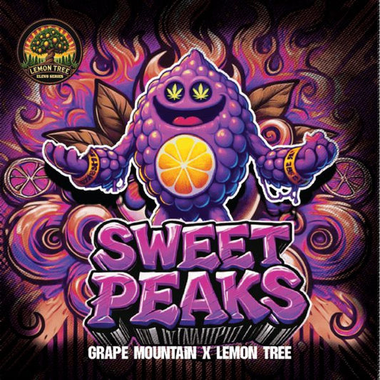 Colorful product packaging with a cartoon character and 'Sweet Peaks' text on a dark background.