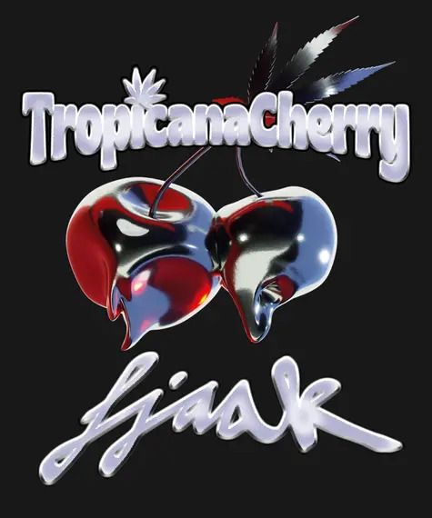 Logo of Tropicana Cherry with a cherry illustration on a black background
