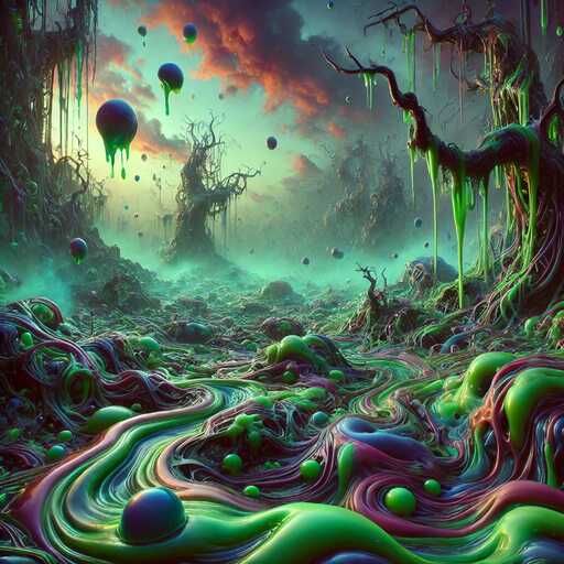 Colorful, surreal landscape with twisted trees and gooey textures.