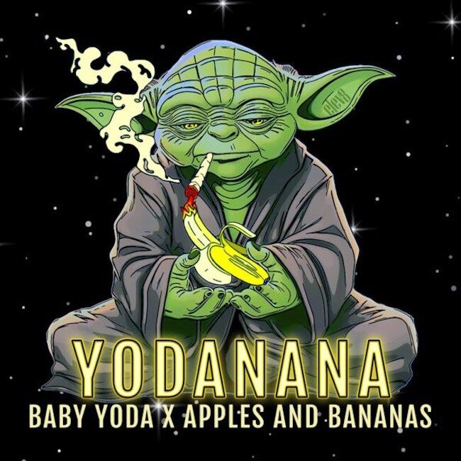 Illustration of a green character holding a banana with text 'YODANANA' on a starry background.