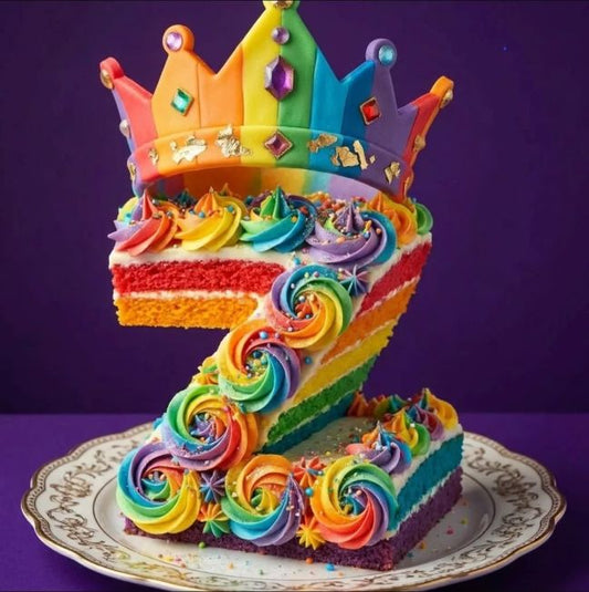 A colorful rainbow number 7 birthday cake shaped like a slice of cake with a matching rainbow paper crown, displayed on an ornate white plate against a dark purple background.
