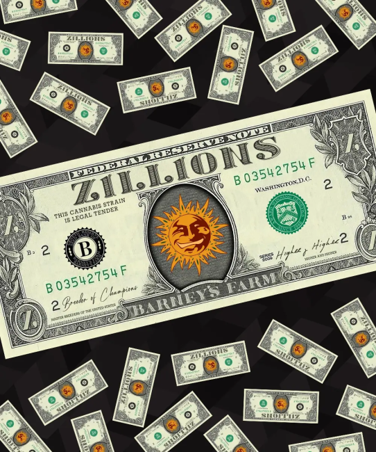 Dollar bill design with 'Zillions' and 'Barley's Farm' branding on a black background.