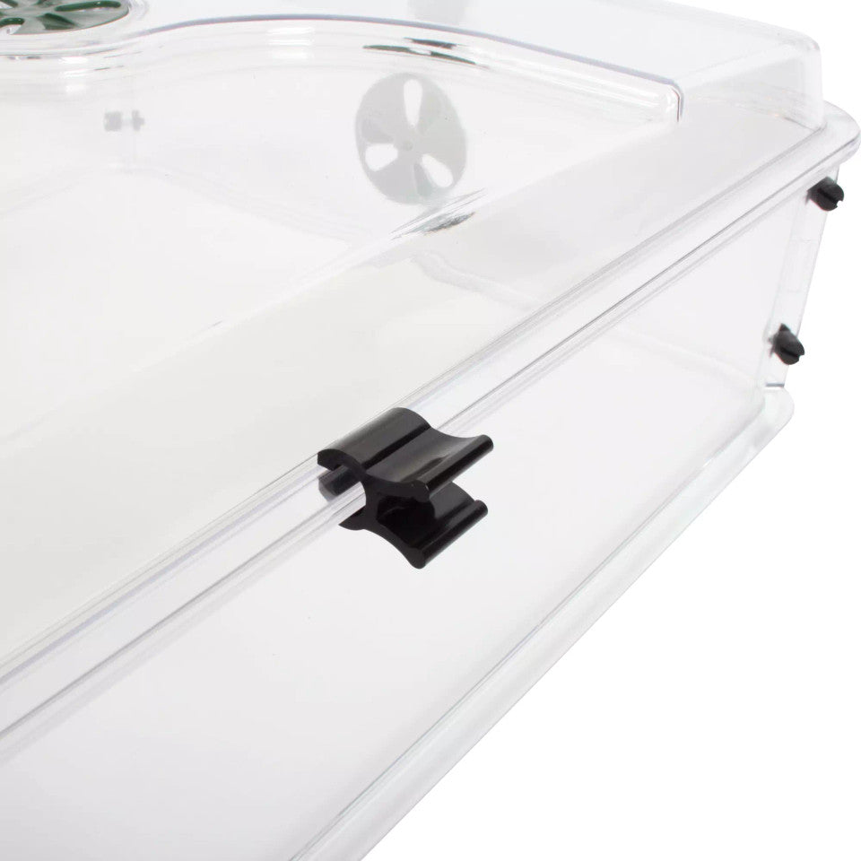 Clear plastic container with a black latch on a white background